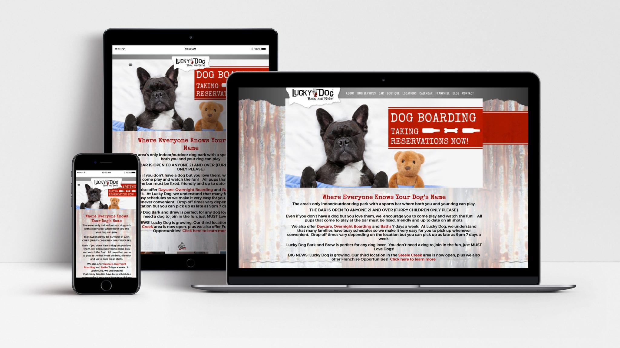 Lucky Dog Bark & Brew website shown on laptop, tablet and mobile