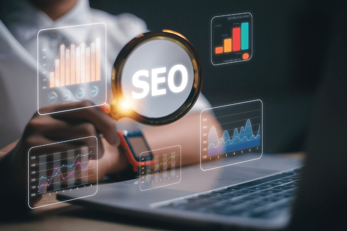 Screen with SEO concept with person looking at the words 