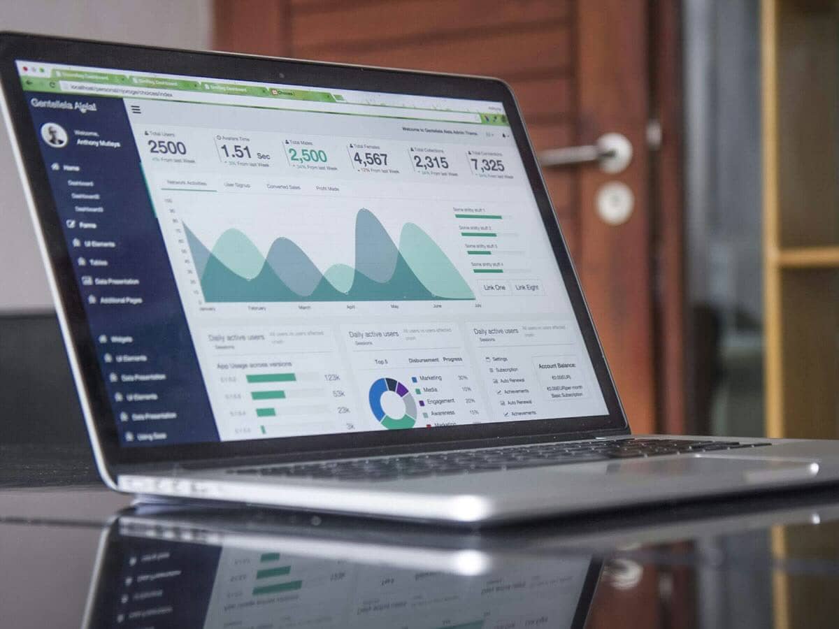 laptop on desk showing graphs and analytics