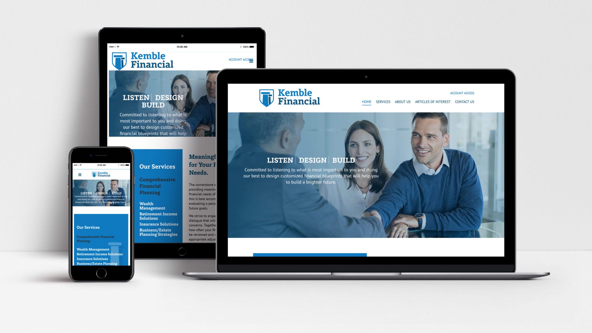 Kemble Financial website shown on tablet, website and mobile