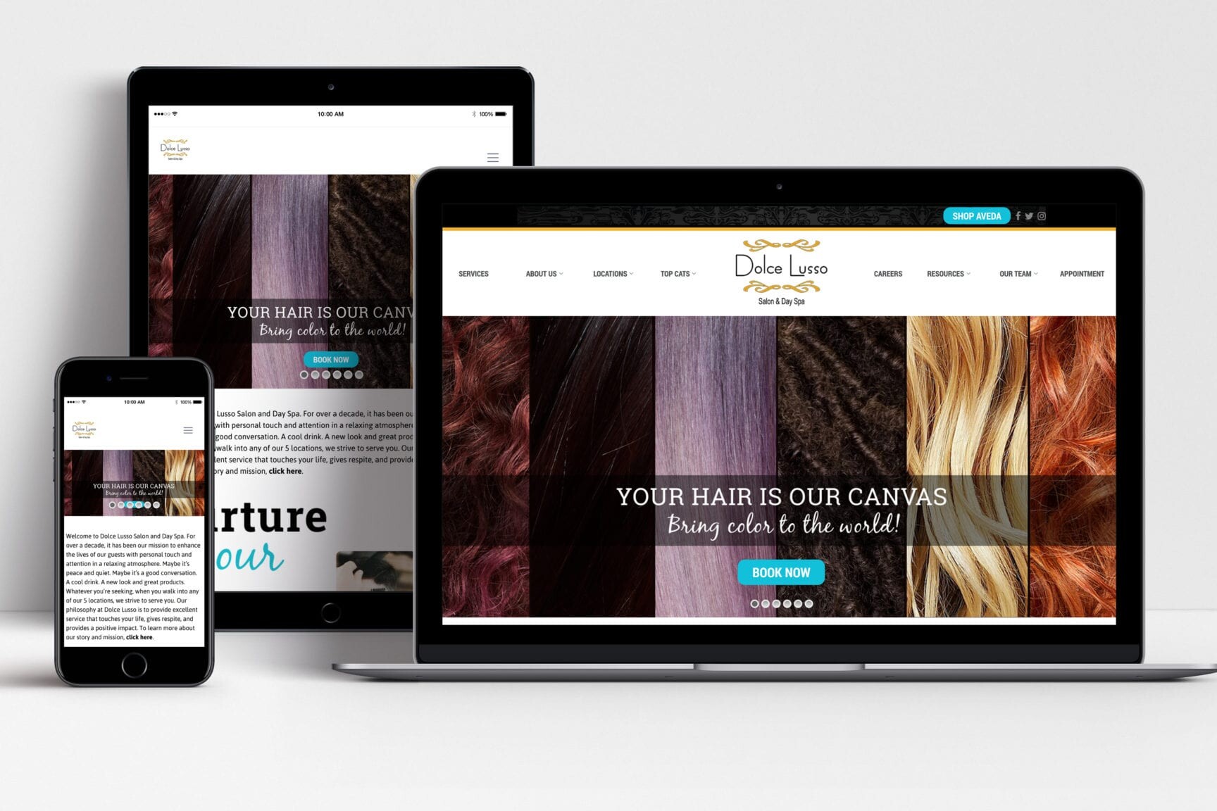 Dolce Lusso Salon and Day Spa website shown on laptop, tablet and mobile