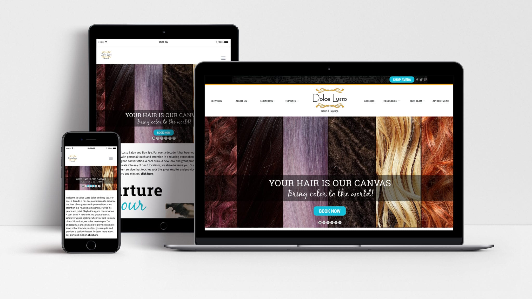 Dolce Lusso Salon and Day Spa website shown on laptop, tablet and mobile