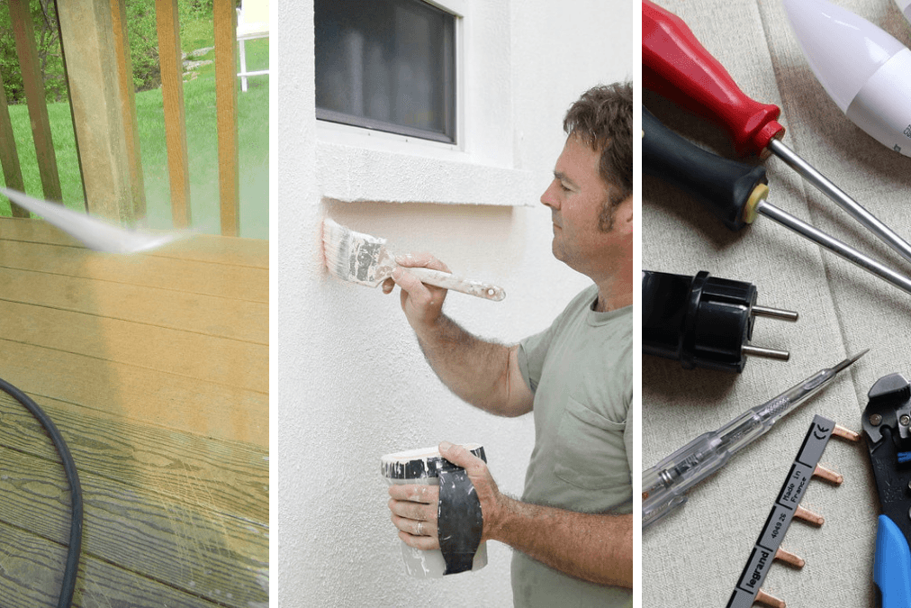 three panels showing something power washing a deck, painting a wall and tools
