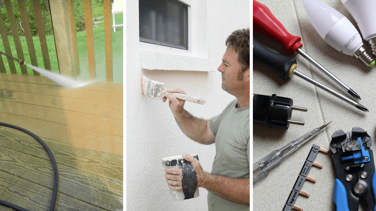three panels showing something power washing a deck, painting a wall and tools