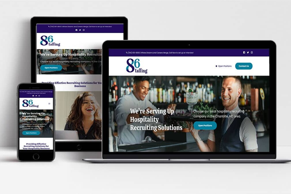 86 Staffing website shown on laptop, tablet and mobile