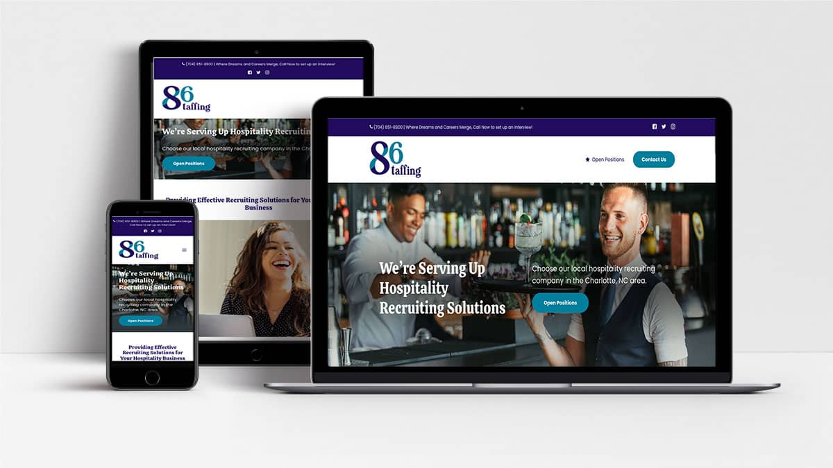 86 Staffing website shown on laptop, tablet and mobile