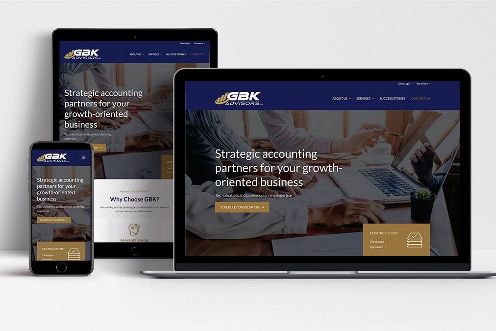GBK Advisors website shown on laptop, tablet and mobile