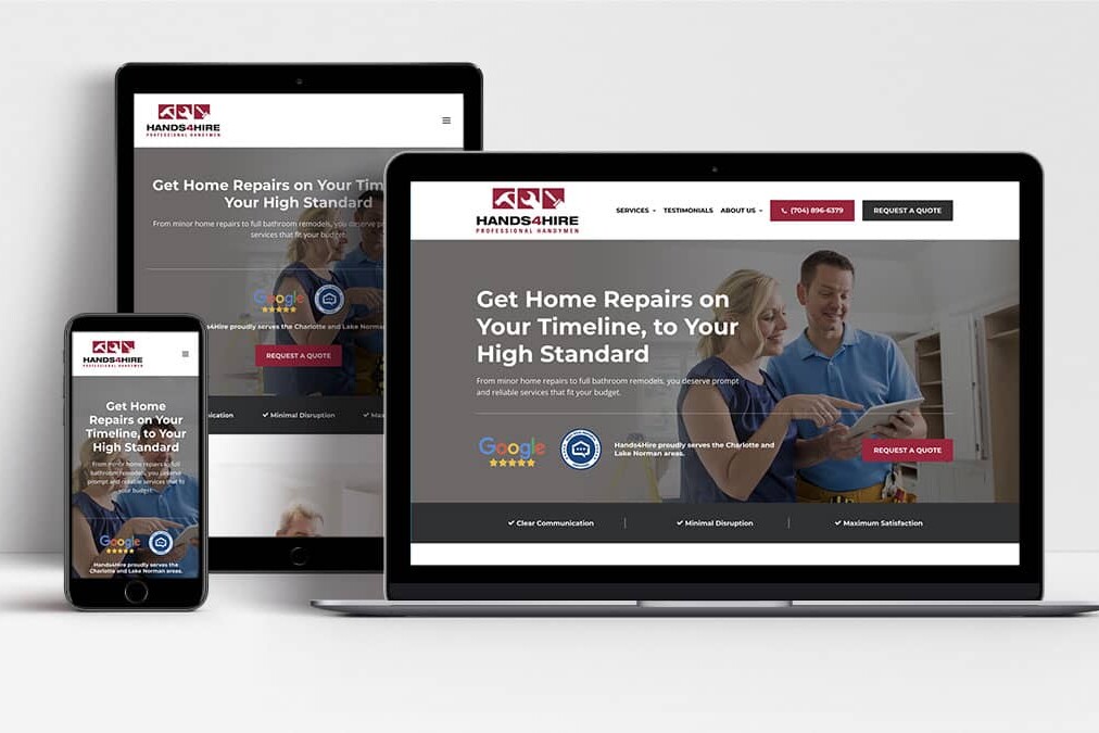 Hands 4 Hire website shown on laptop, tablet and mobile