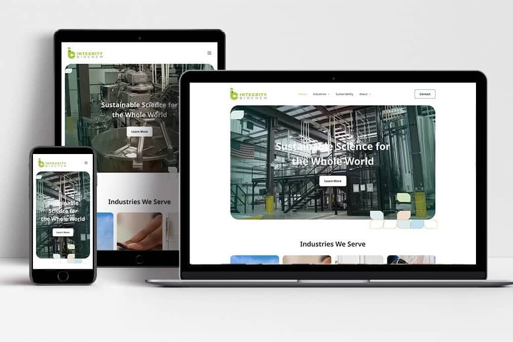 Integrity Biochem website shown on laptop, tablet and mobile phone