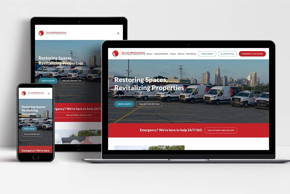 Reliable Restorations website shown on laptop, tablet and mobile