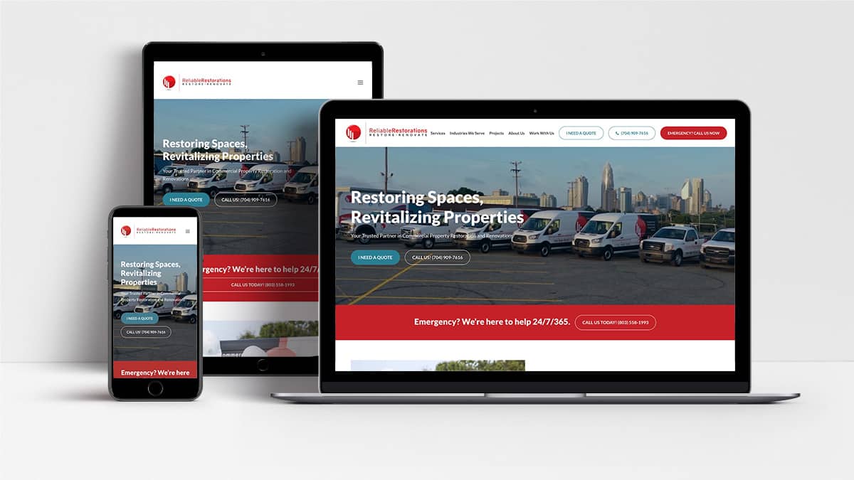 Reliable Restorations website shown on laptop, tablet and mobile