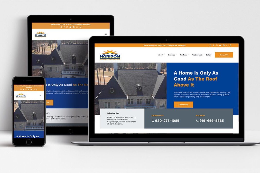 Horizon Roofing & Restoration website shown on laptop, tablet and mobile