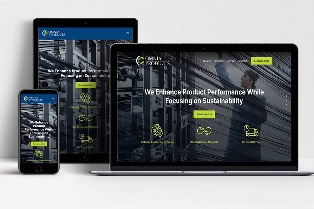 Omnia Products website shown on laptop, tablet and mobile