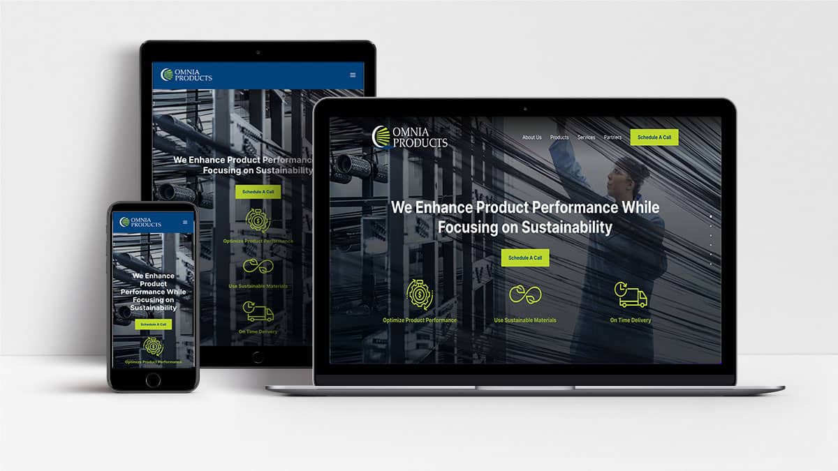 Omnia Products website shown on laptop, tablet and mobile