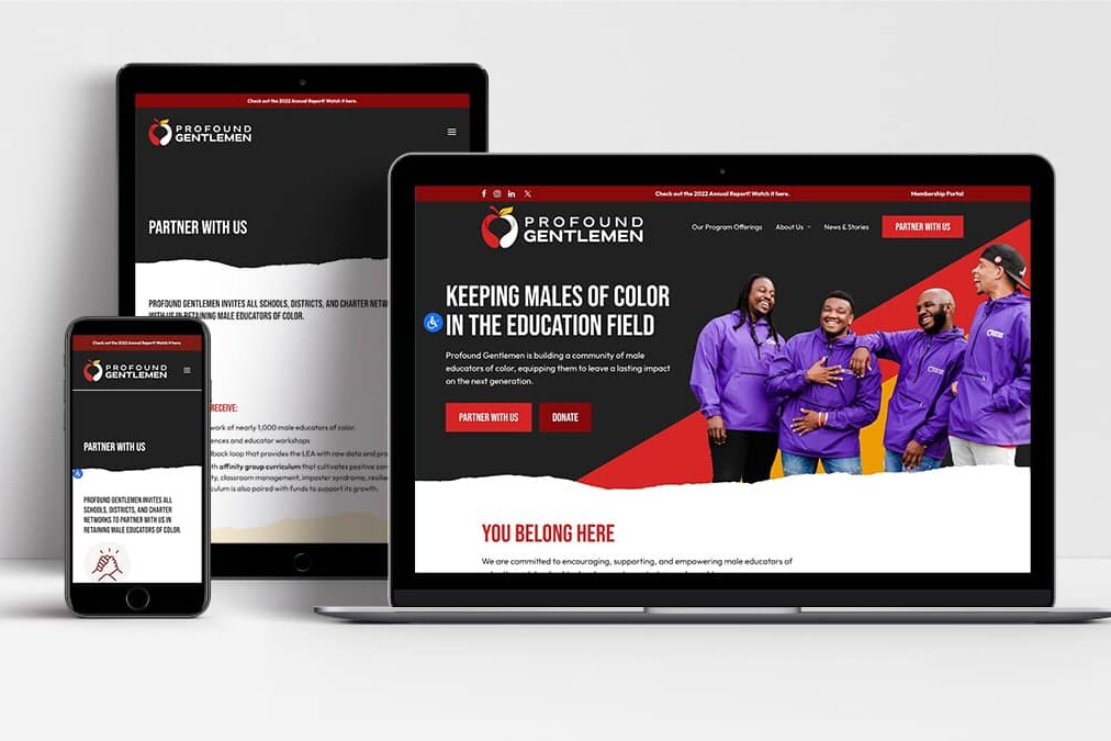 Profound Gentlemen website shown on laptop, tablet and mobile