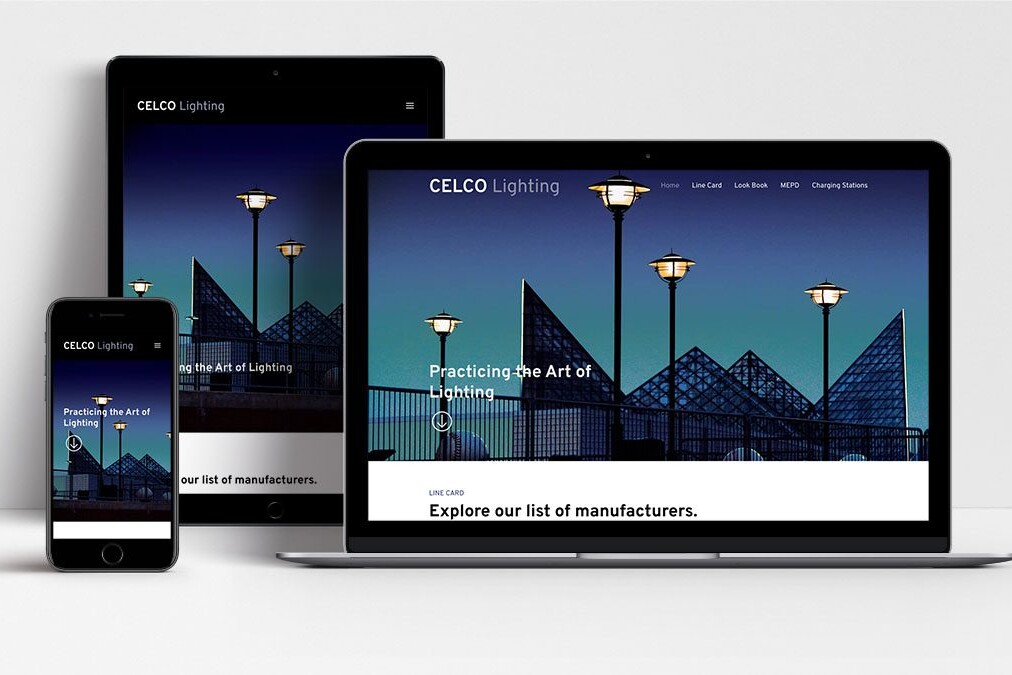 Celco Lighting website shown on laptop, tablet and mobile