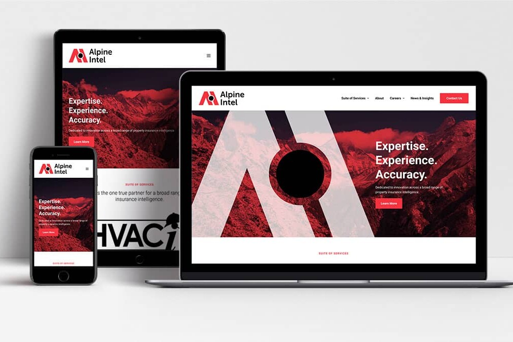 Alpine Intel website shown on laptop, tablet and mobile