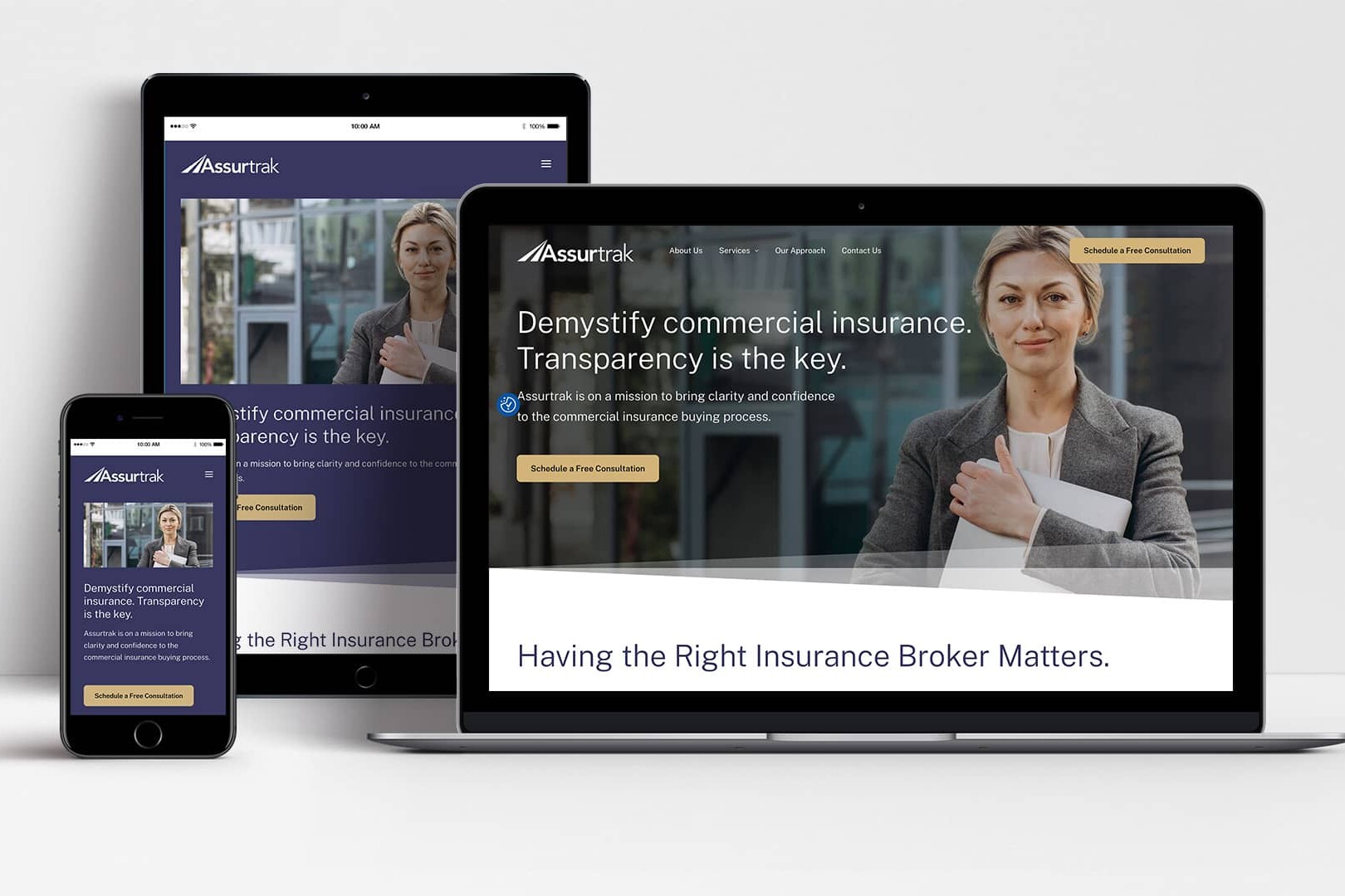 Assurtrak website shown on laptop, tablet and mobile