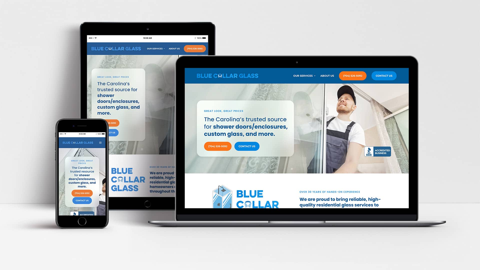 Blue Collar Glass website shown on laptop, tablet and mobile