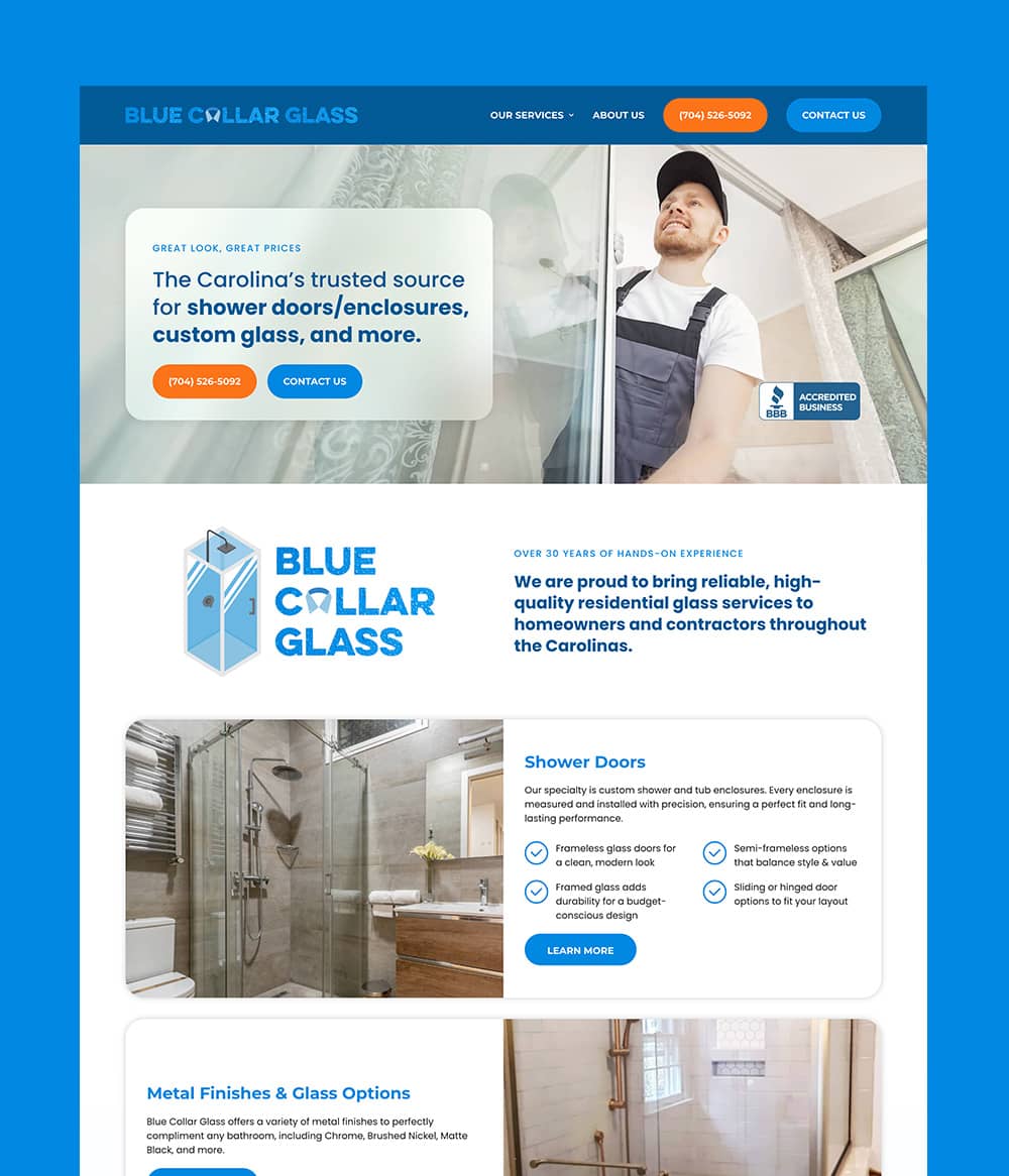 Blue Collar Glass website home page screenshot