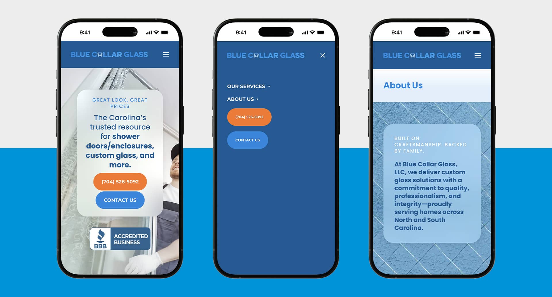 Blue Collar Glass website on mobile showing home page, menu and about page