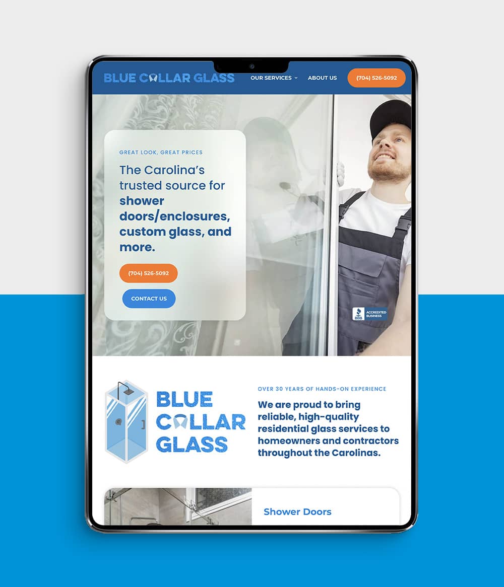 Blue Collar Glass website screenshot on tablet