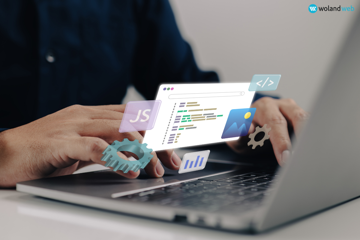 person typing on laptop with tech iconography overlaid