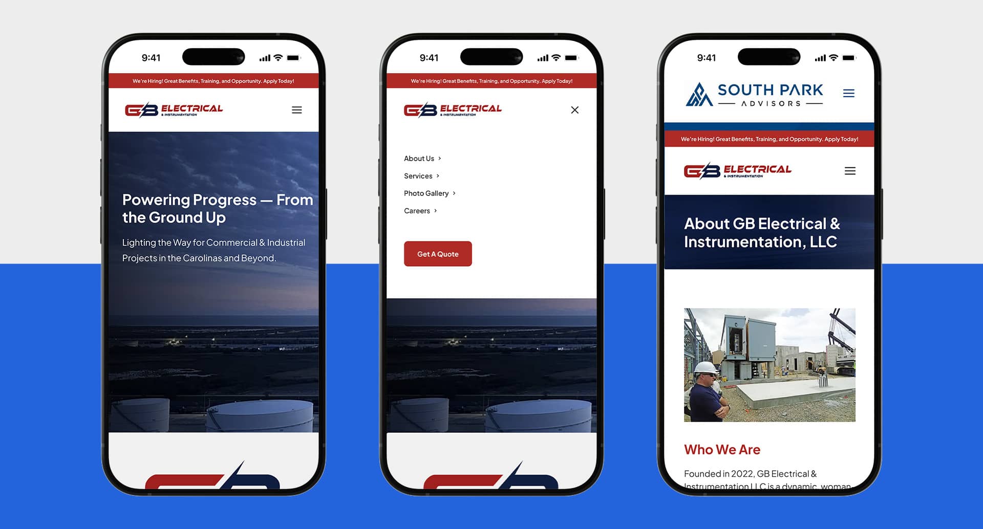 GB Electrical website home page, menu and about page shown on mobile
