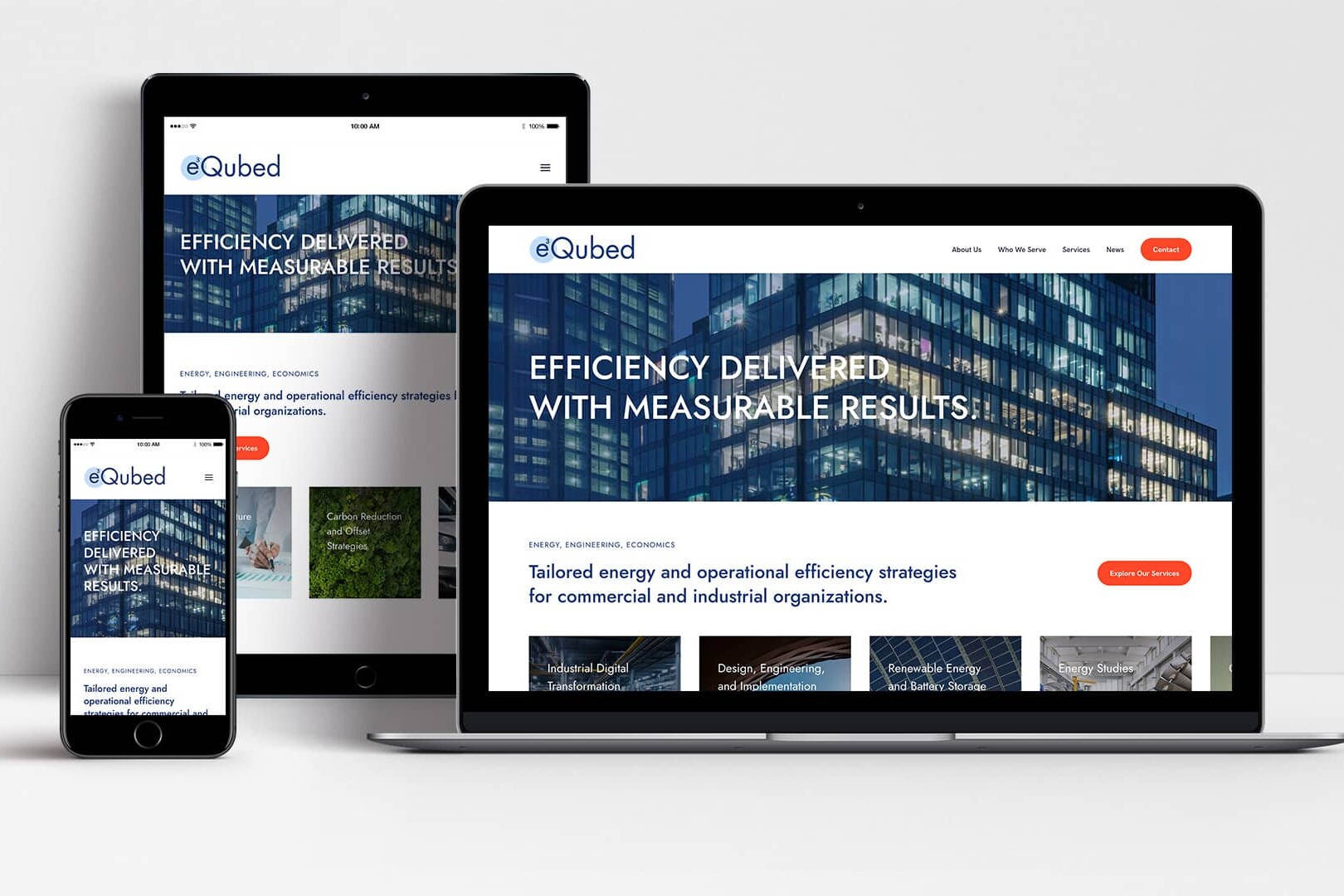 eCubed website shown on laptop, mobile and tablet