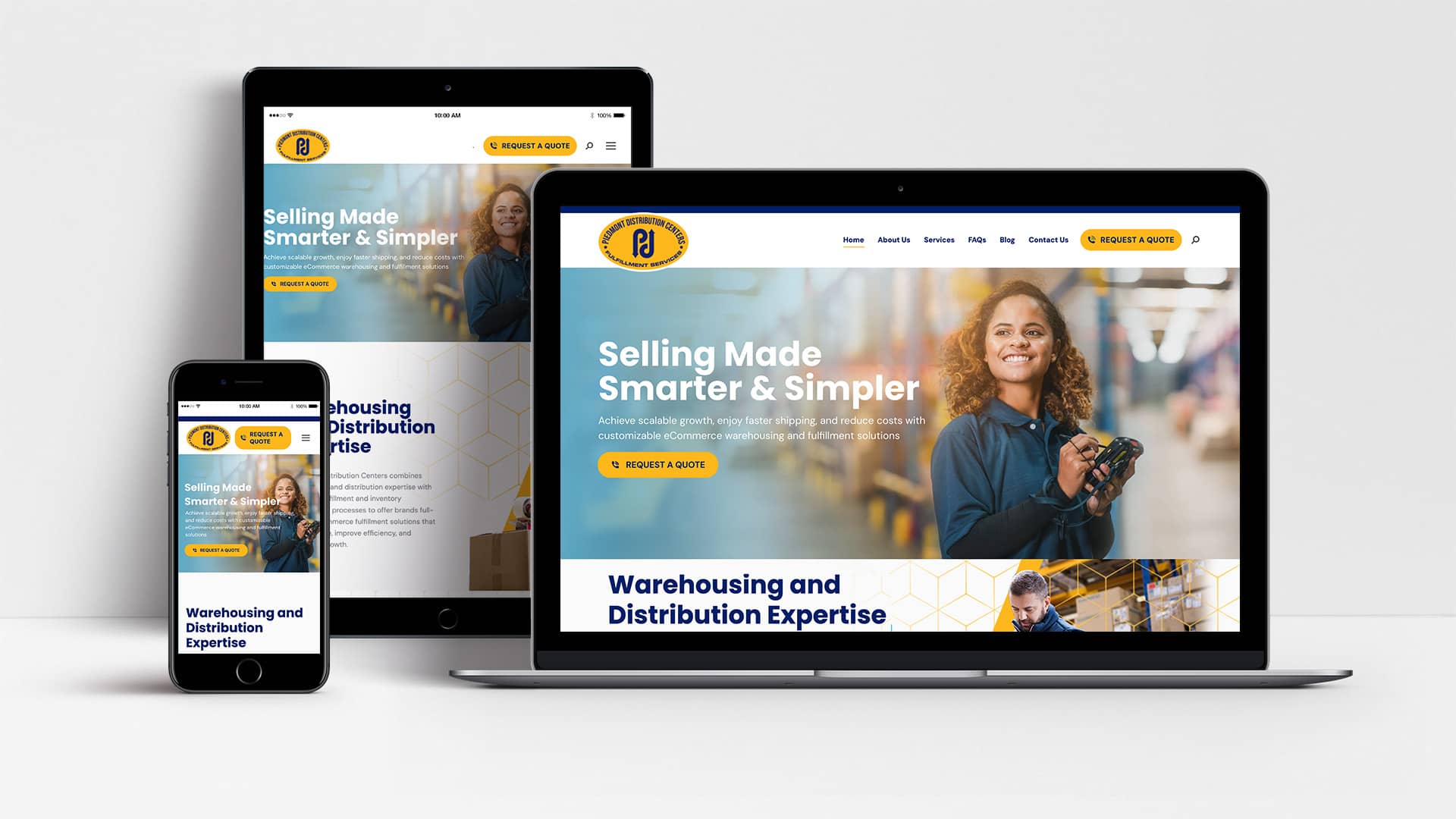 Piedmont Distribution Centers website shown n laptop, tablet and mobile