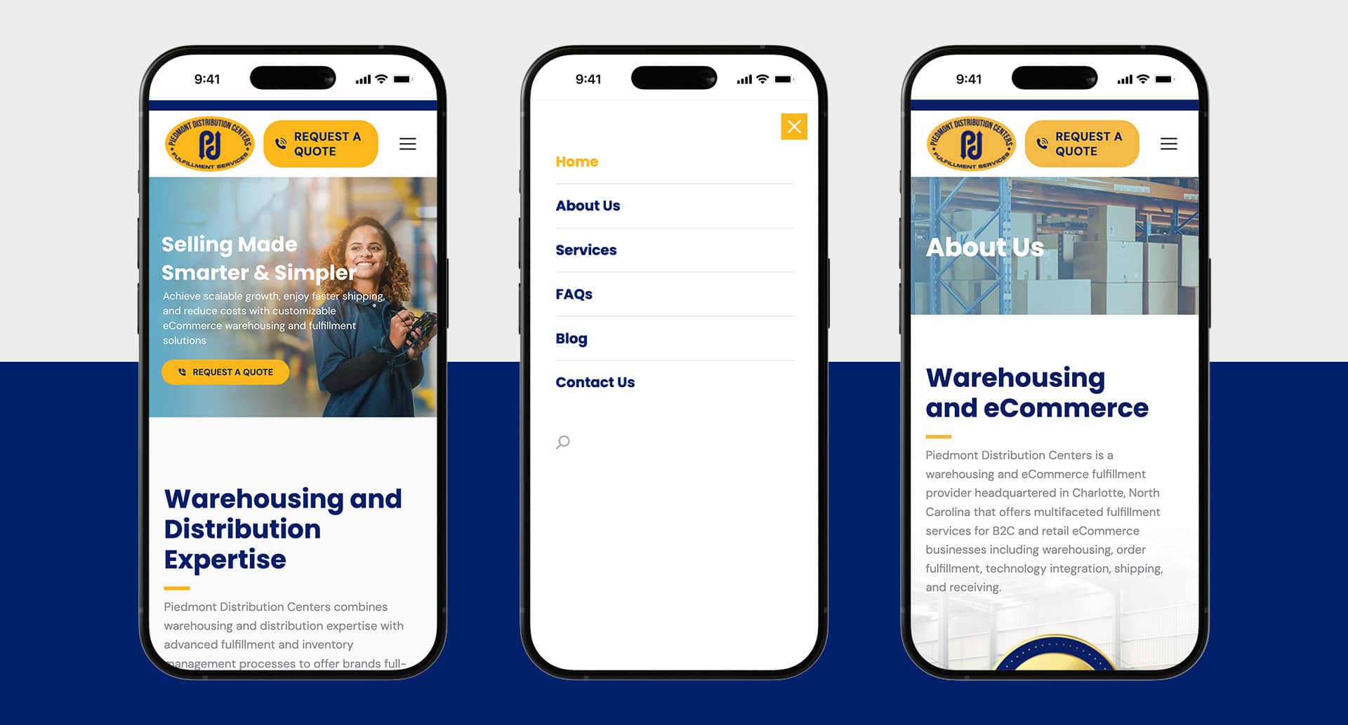 Piedmont Distribution Centers website home page, menu and about page shown on mobile