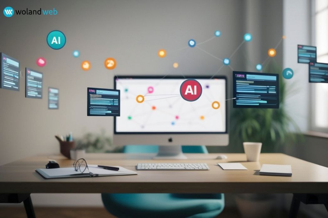 desk with computer and chair with overlay of ai related icons