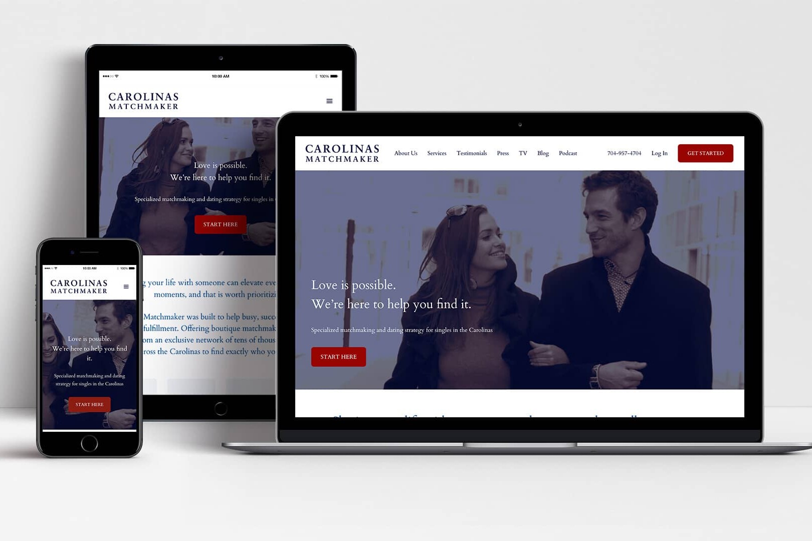 Carolinas Matchmaker website shown on laptop, tablet and mobile