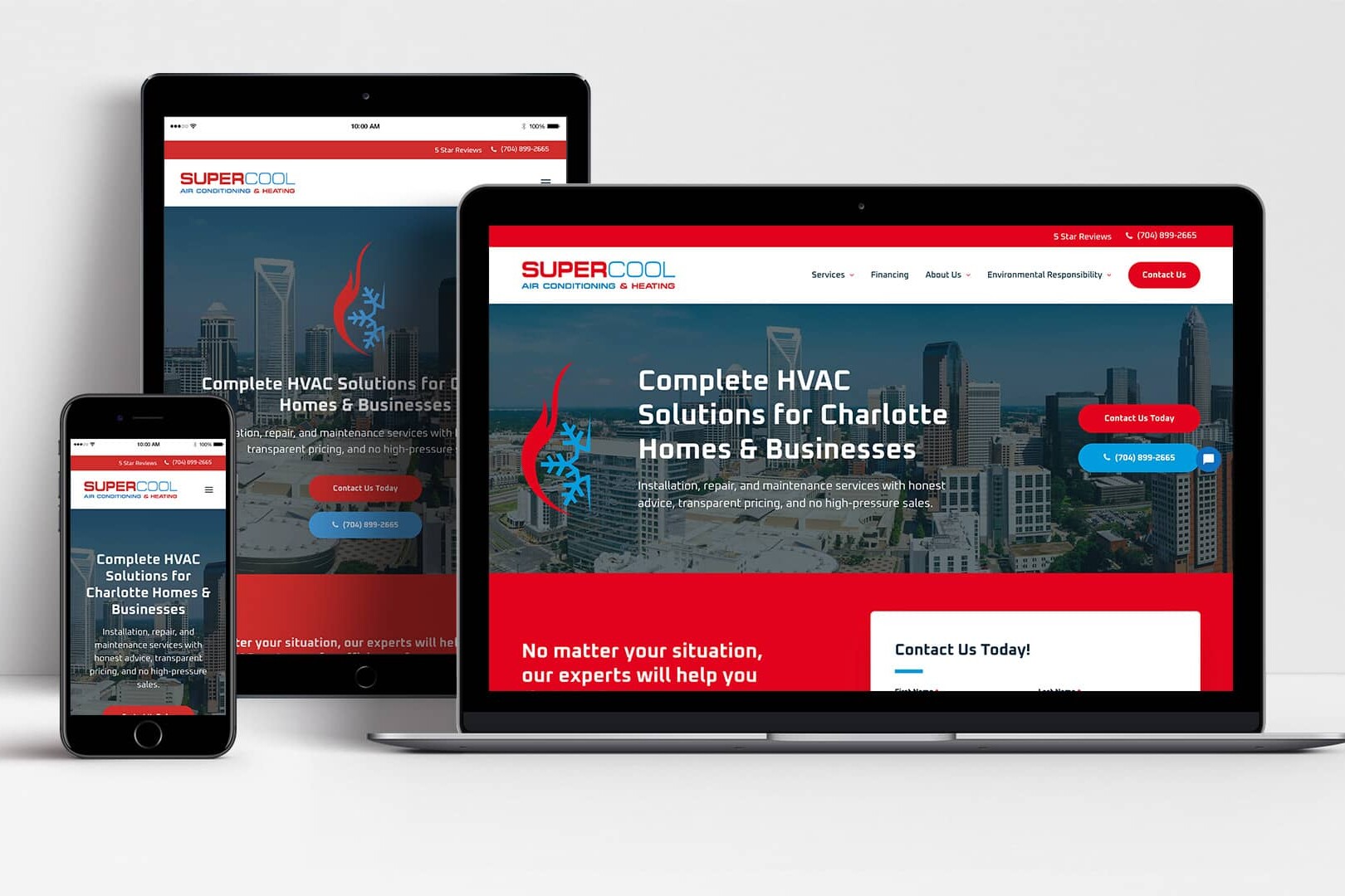 Super Cool HVAC website shown on laptop, tablet and mobile