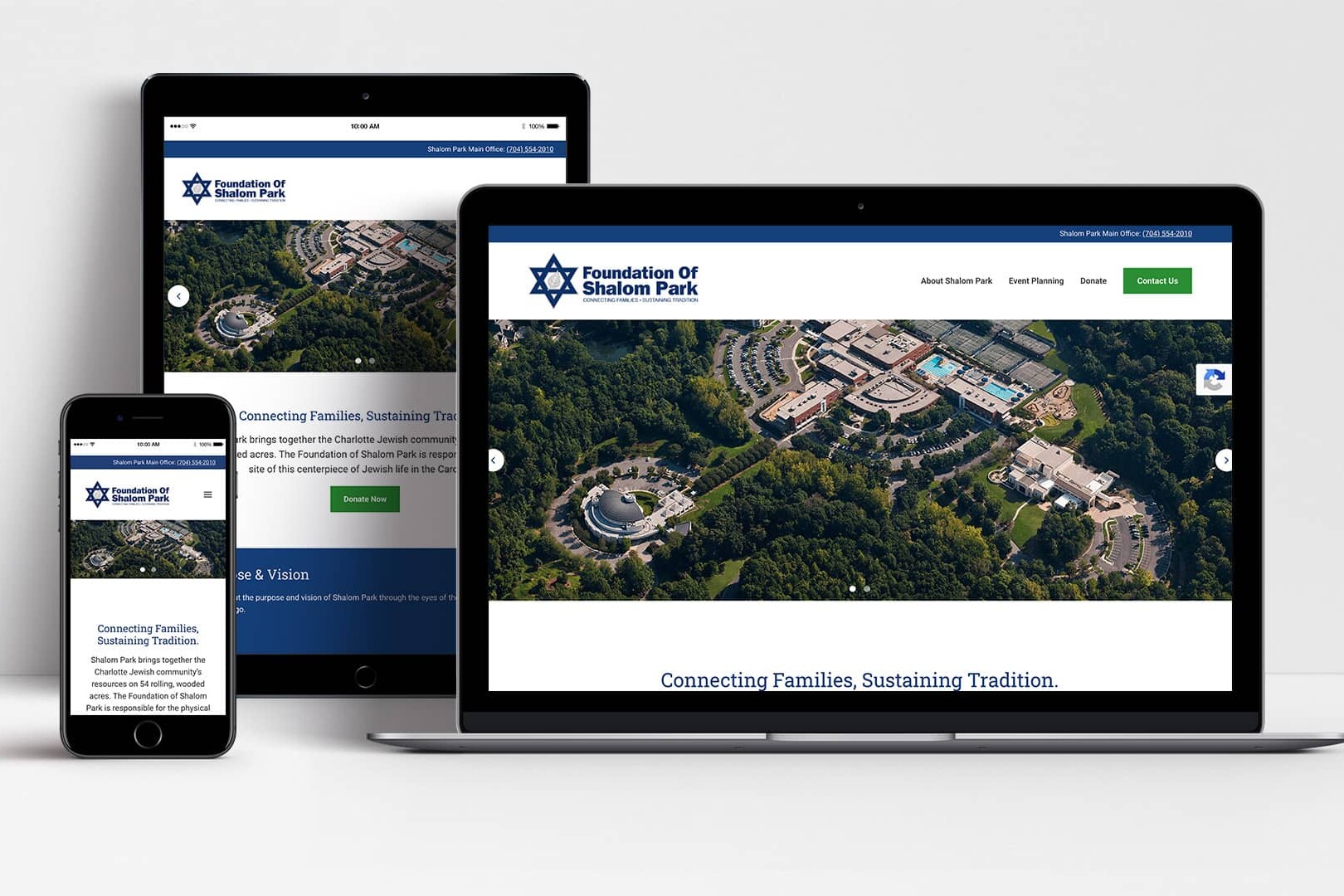 Foundation of Shalom Park website shown on laptop, tablet and mobile