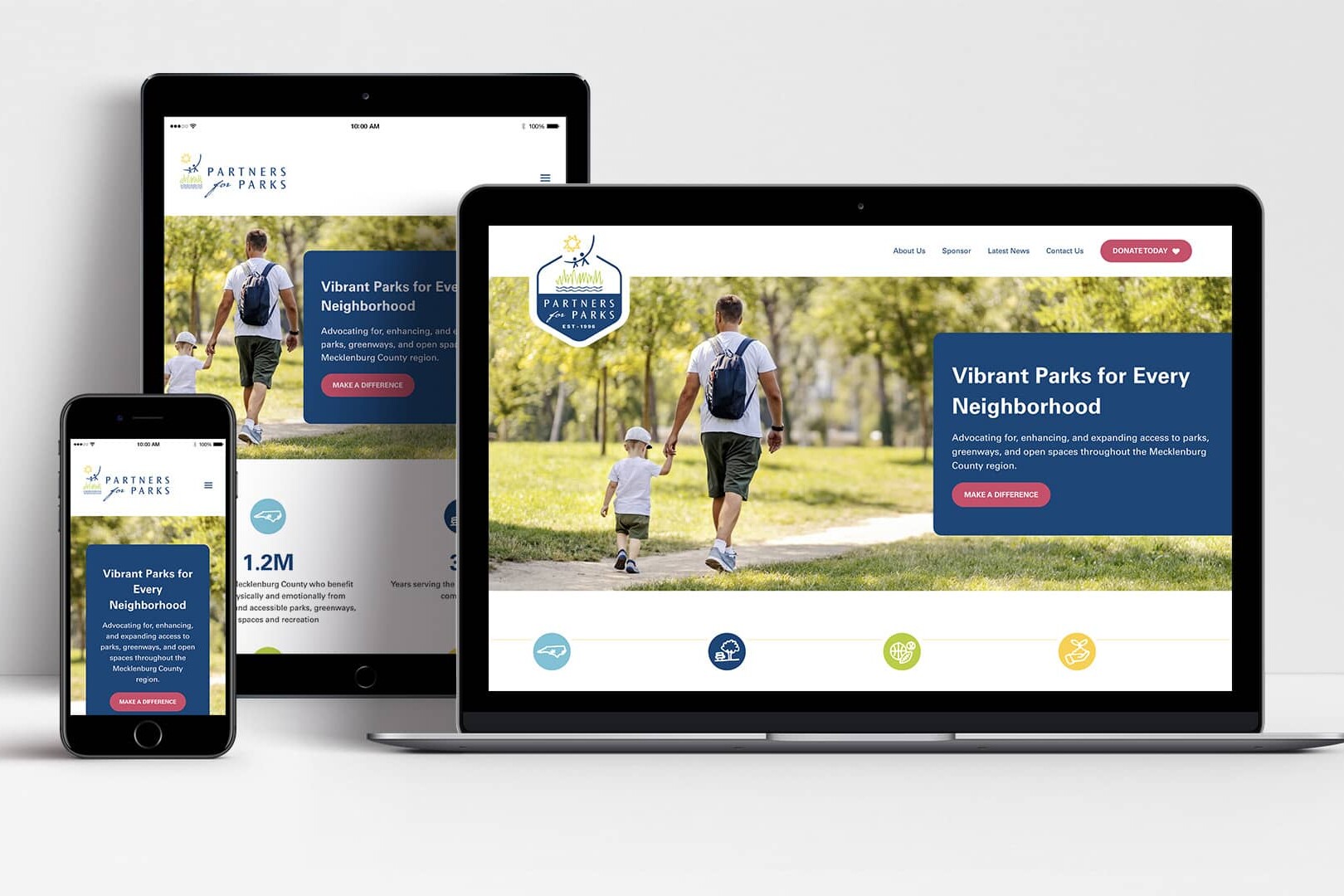 Partners for Parks website shown on laptop, tablet and mobile