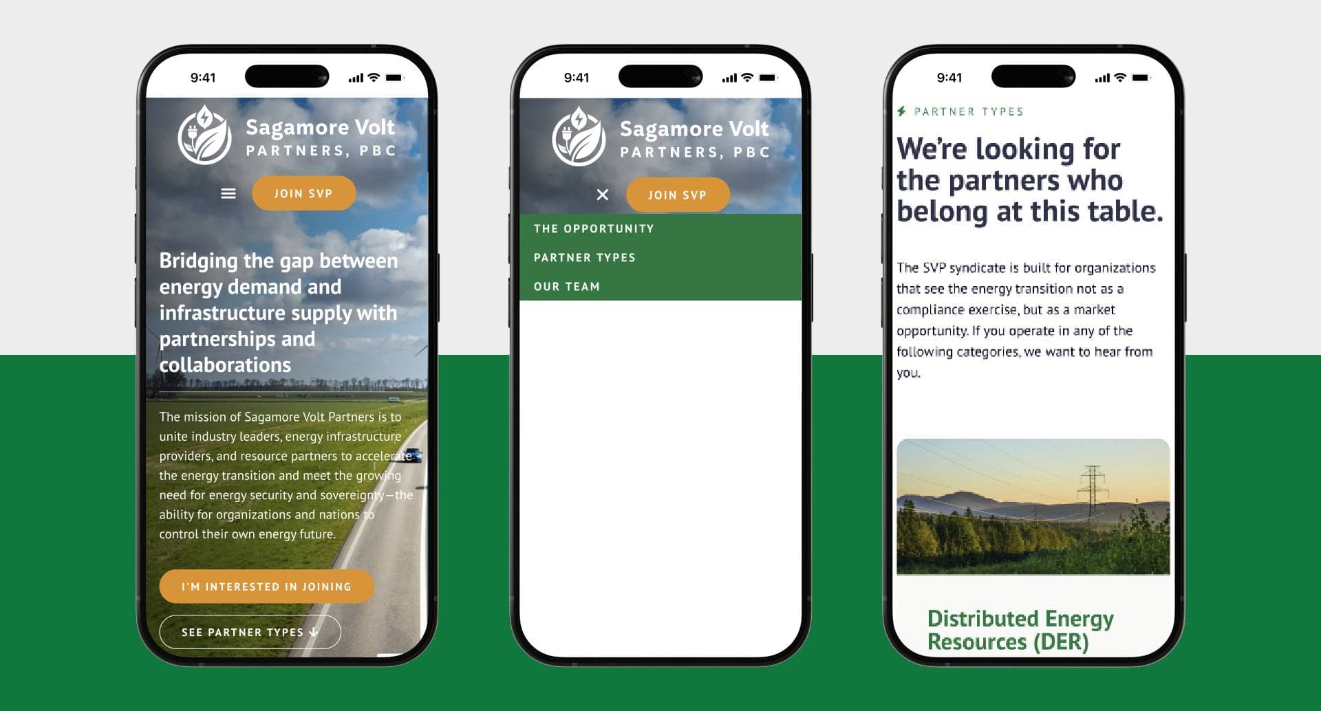 Sagamore Volt Partners website home page, menu and partner type pages shown on mobile