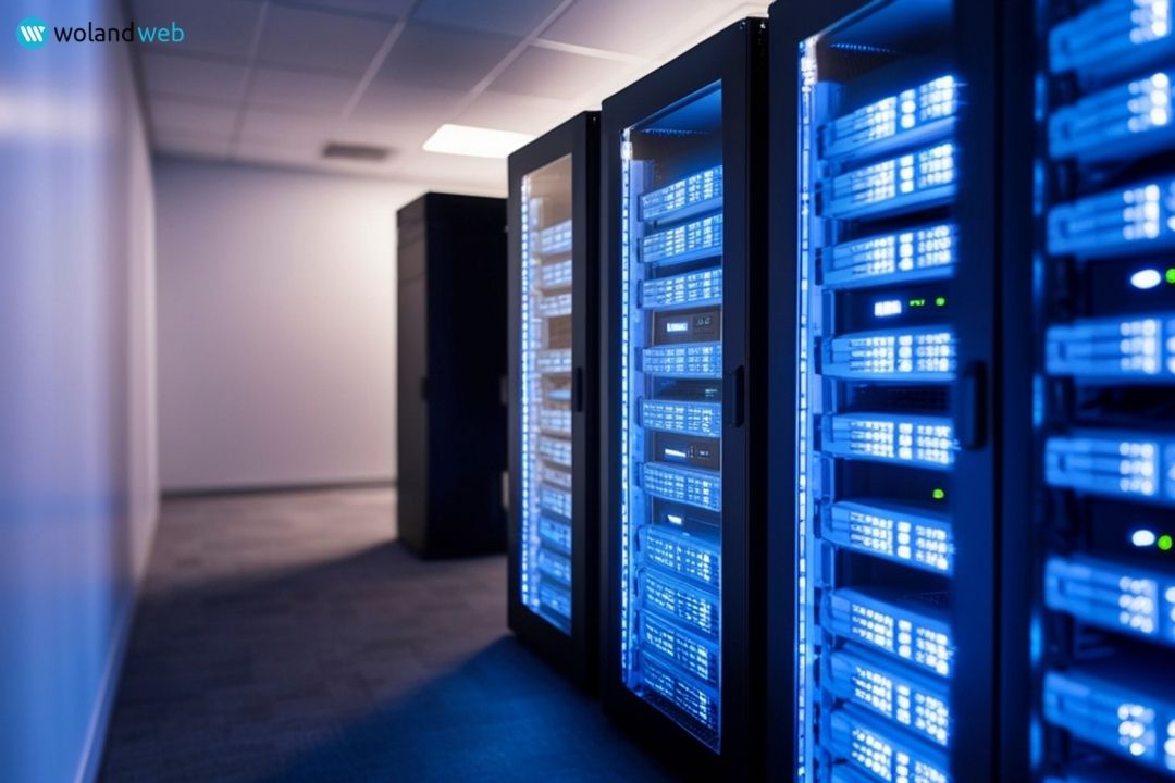 A modern data center room featuring a row of sleek, black server cabinets glowing with blue lights, with the Woland Web logo in the top-left corner.