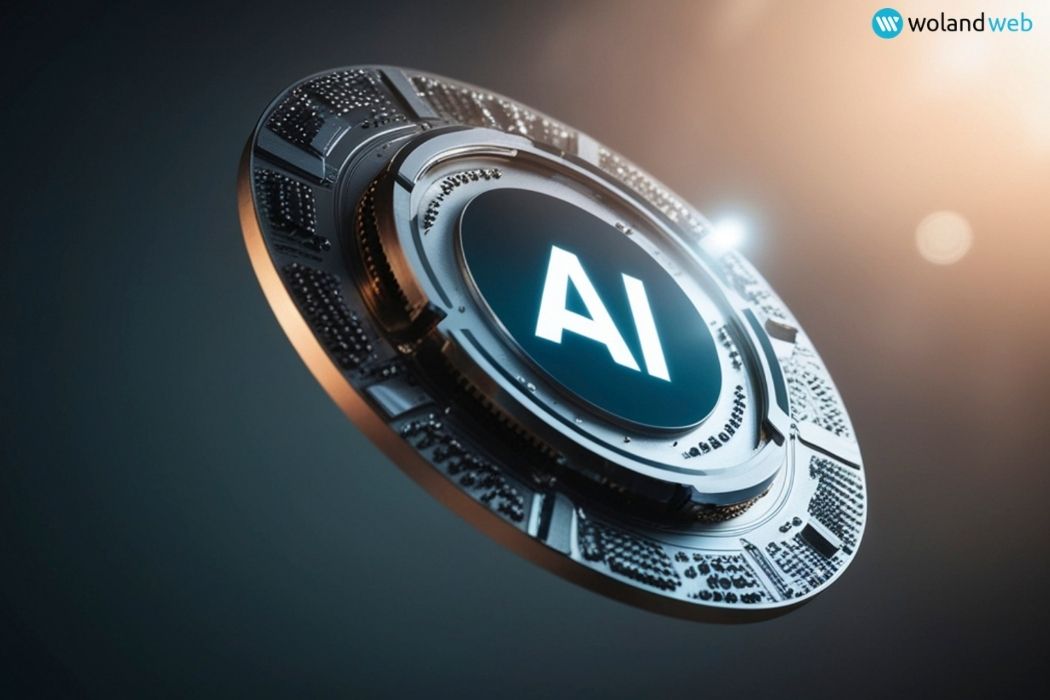 AI symbol displayed on a futuristic metallic disk representing AI-powered search technology.