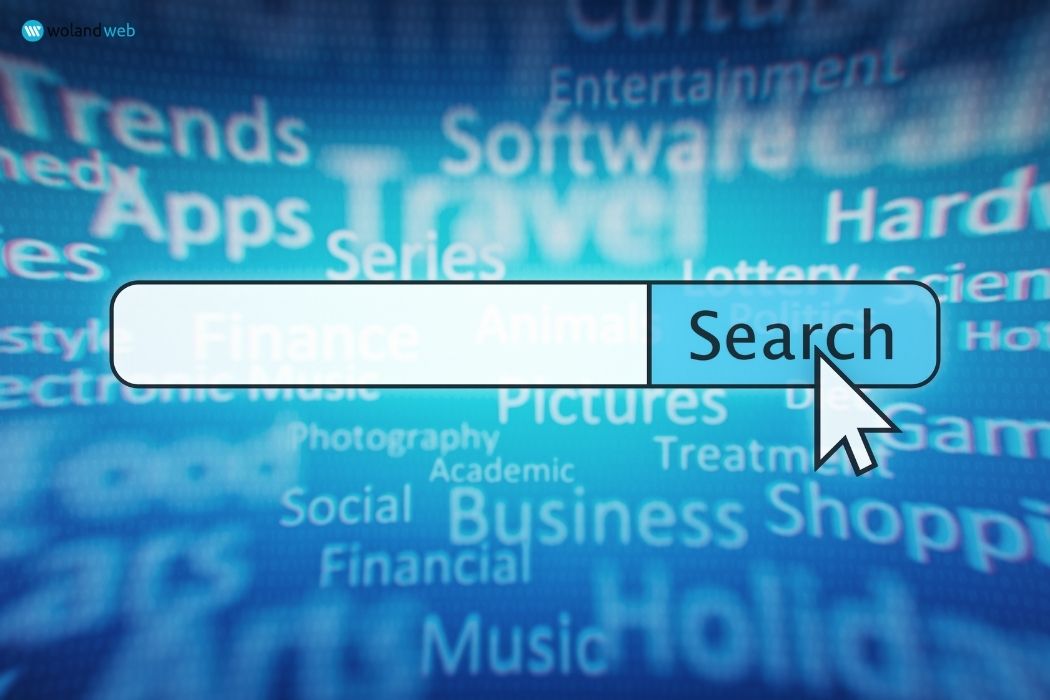 Illustration showing web search concept with search bar in front of related words