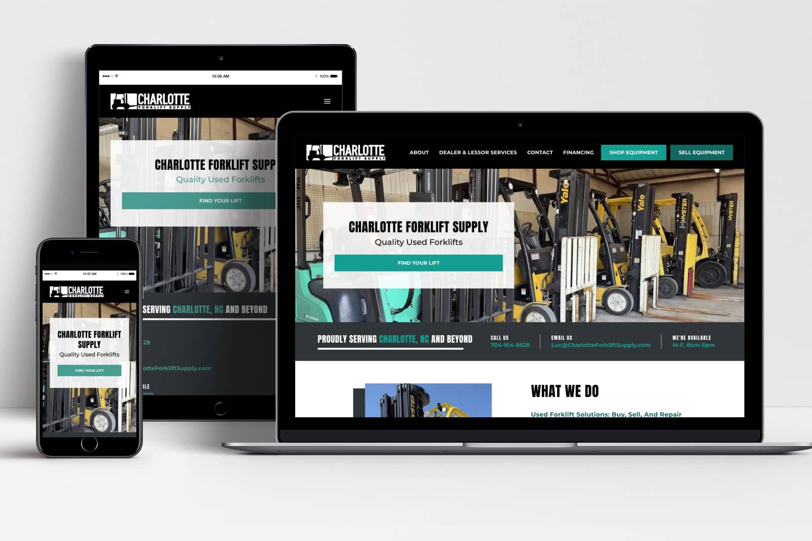 Charlotte Forklift Supply website shown on laptop. tablet and mobile
