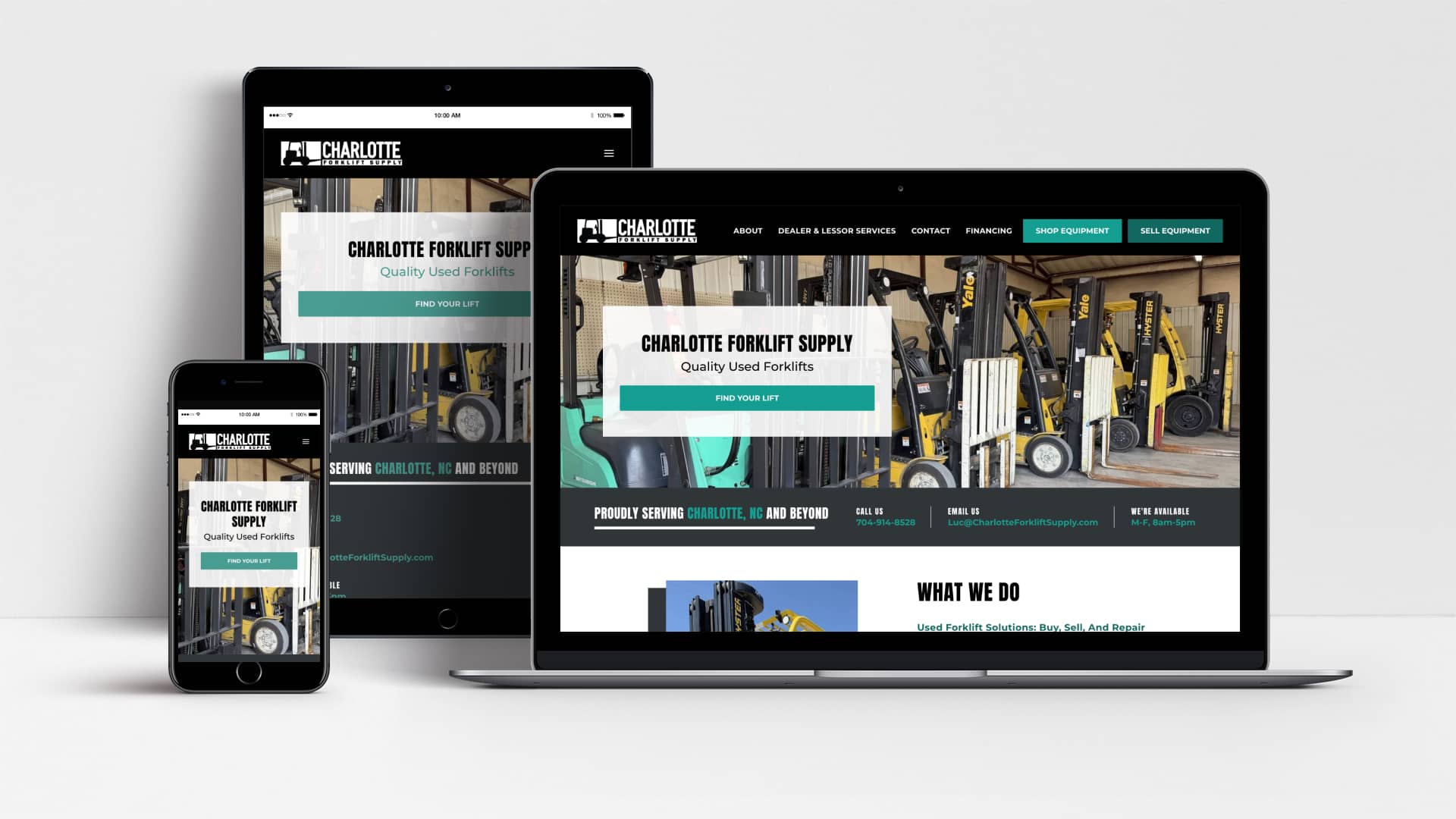Charlotte Forklift Supply website shown on laptop. tablet and mobile