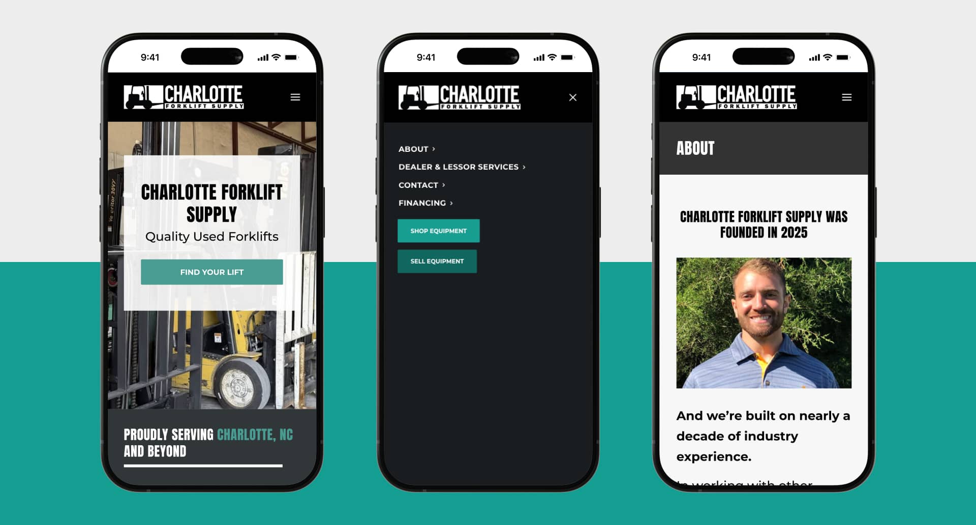 Charlotte Forklift Supply website home page, about page and menu shown on mobile