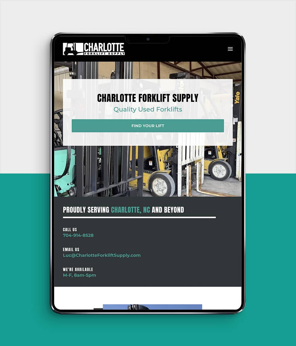 Charlotte Forklift Supply website screenshot shown on tablet